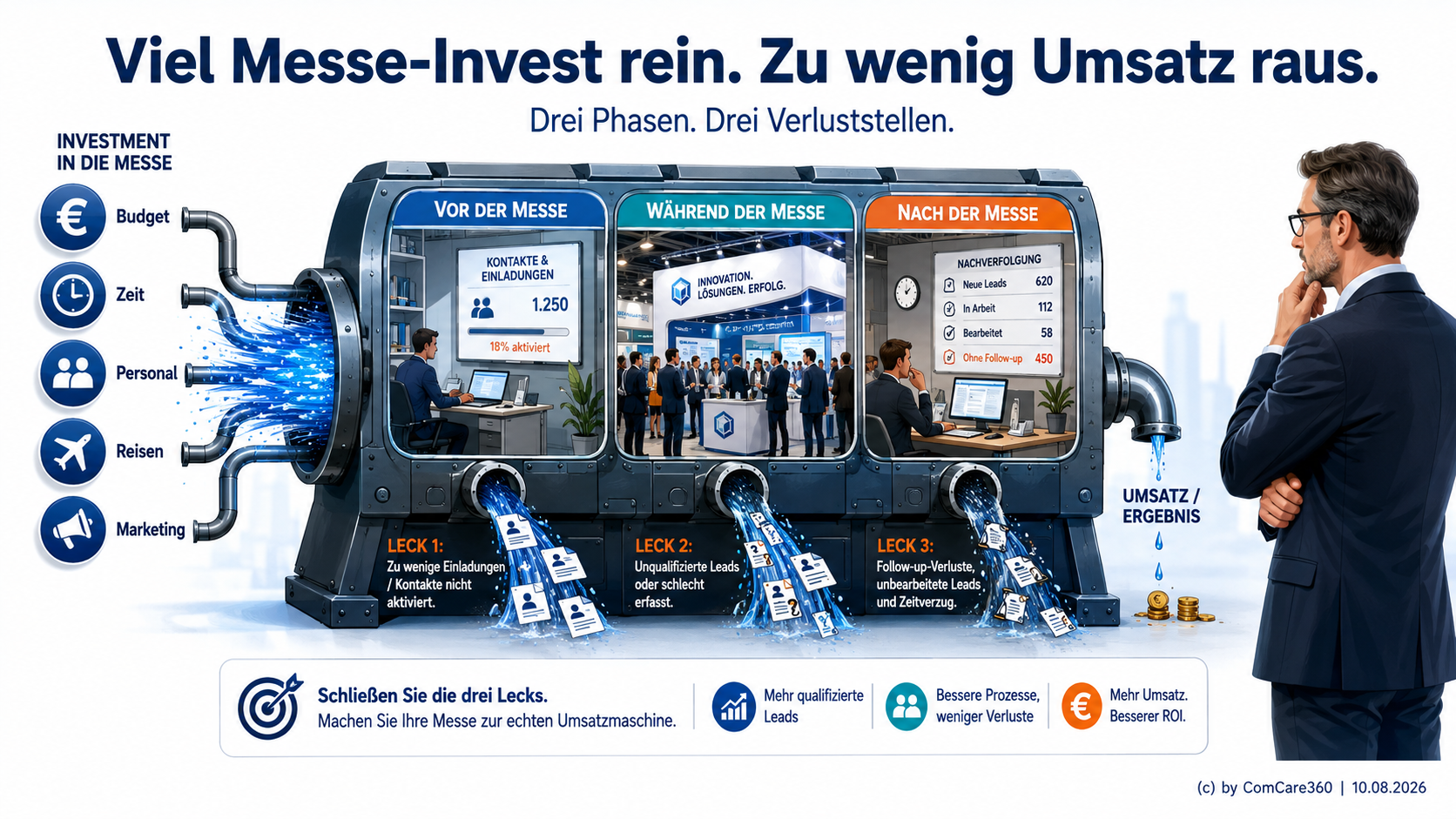 Investing in a trade fair loses leads and sales in three phases.