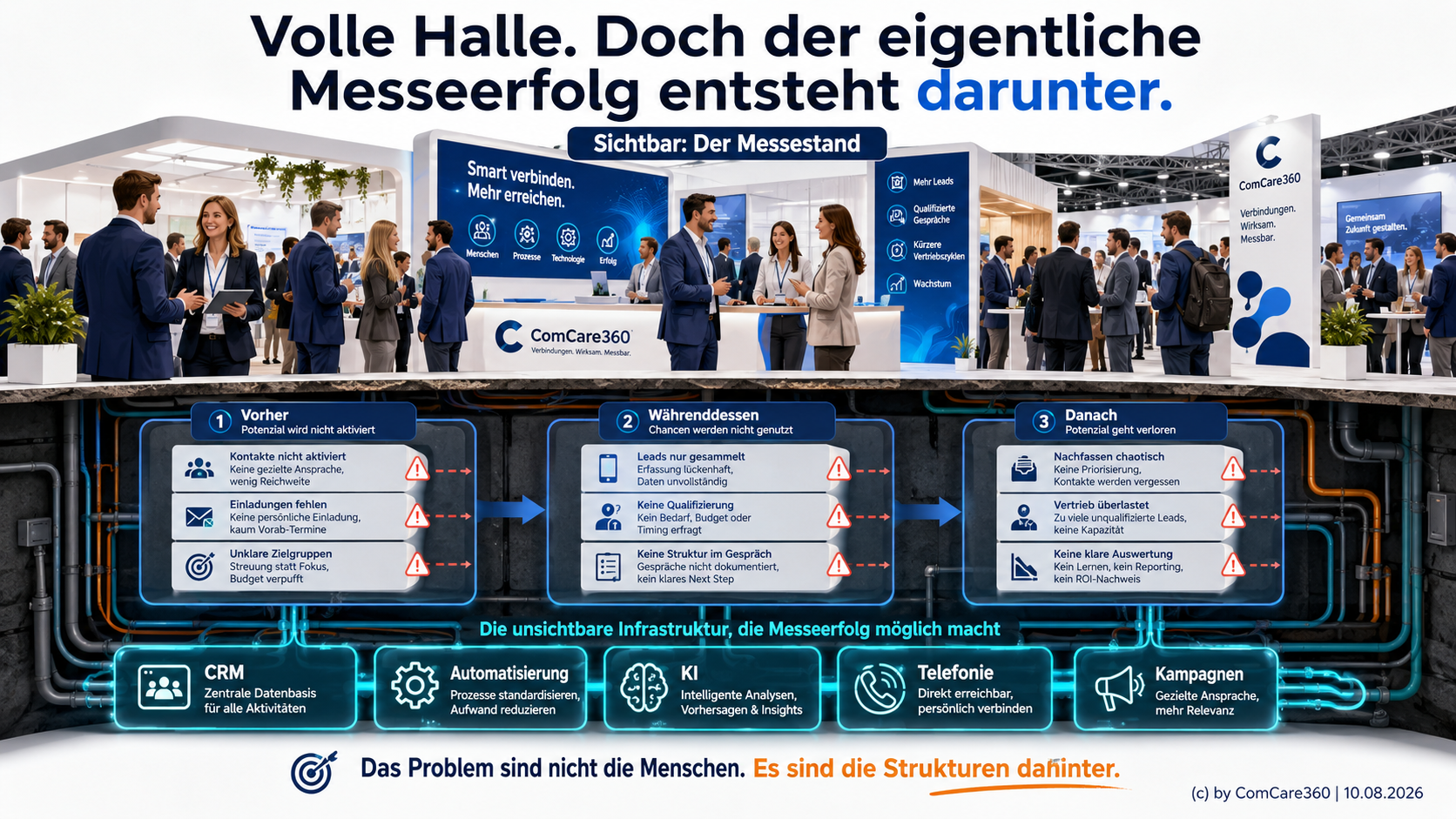 Diagram: Trade fair booth above an infrastructure of CRM, automation, AI, telephony and campaigns.