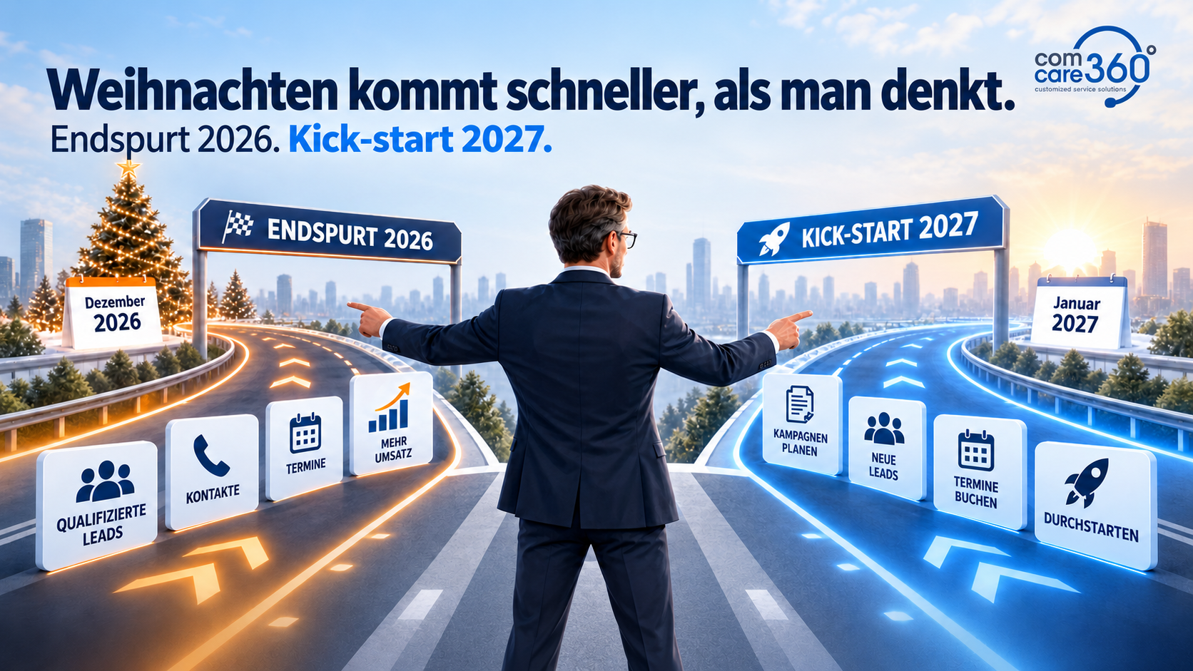 Zwei Wege, eine Entscheidung: Endspurt 2026 oder Kick-start 2027 – vorbereitet werden muss beides jetzt. ComCare 360 GmbH - Weihnachten kommt schneller, als man denkt: Jetzt das Jahresendgeschäft sichern und den Kick-start 2027 vorbereiten - 2